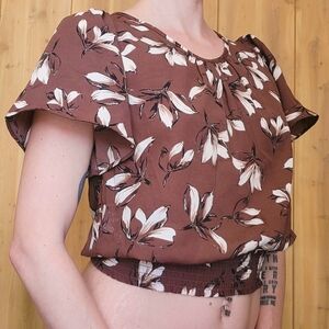 sienna sky - short sleeve brown chiffon floral blouse